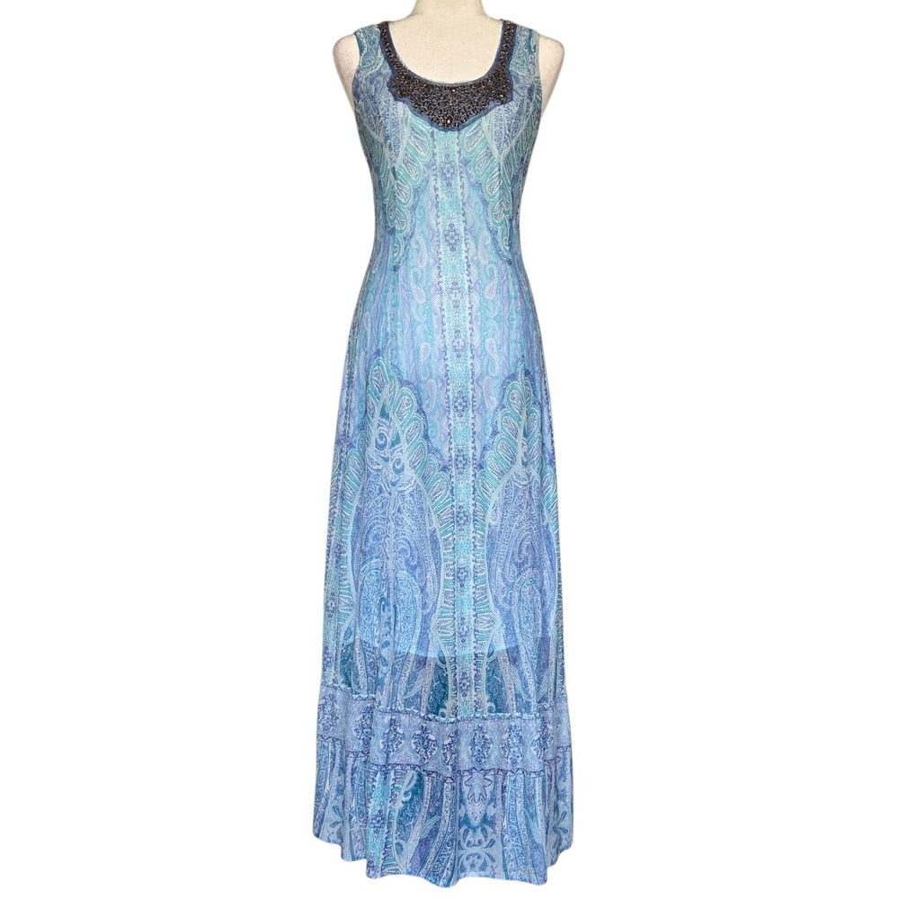 Womens Pastel Blue Mesh Maxi Dress Size Small Bohemian Paisley Western Rodeo